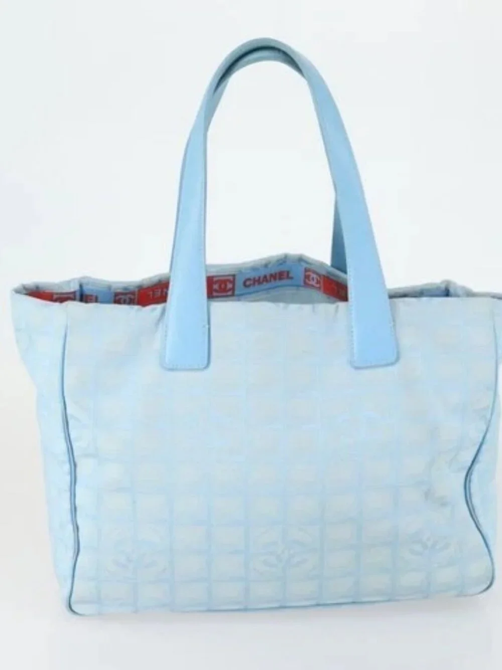 CHANEL New Travel line Tote Bag Nylon 2 Set Blue Beige CC Auth BA8965